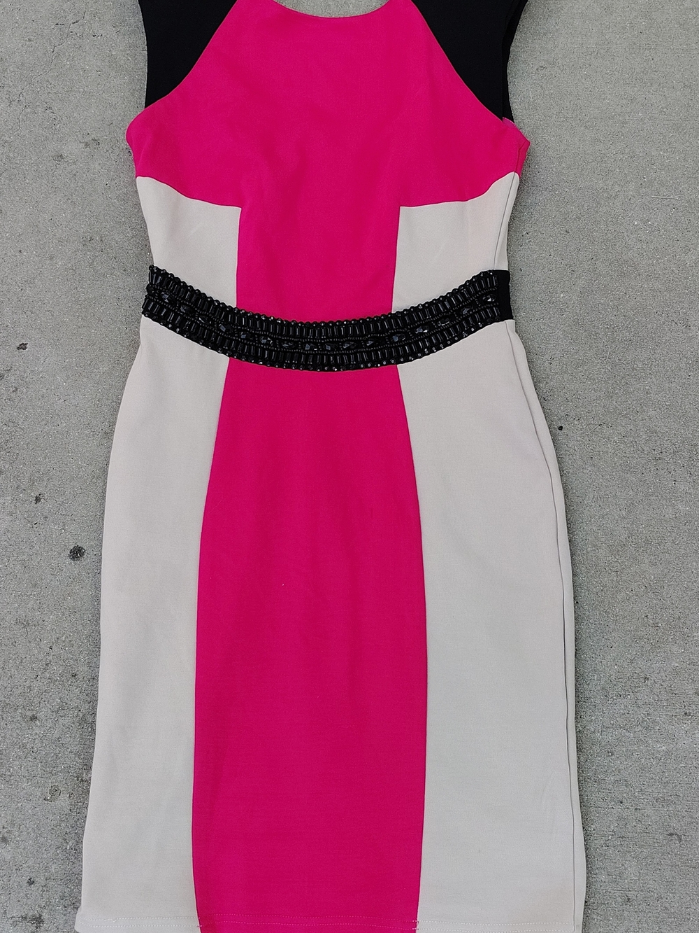 Little Mistress Fuchsia, Cream & Black Colorblock Beaded Waist Sheath